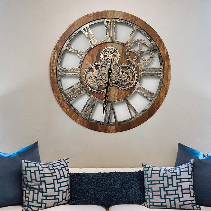 ImprovingLife The Gears Clock The Original Real Moving Gear Wall Clock Vintage Industrial Oversized Rustic Farmhouse (24 inch (60cm), Vintage Brown)