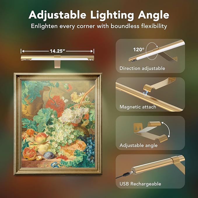 Wireless Picture Lights for Wall 2 Pack, Remote Control, 3 Color Dimming and Timer, 14in Rechargeable Art Display Light with Digital Display, Portrait Lights for Painting Frame Dartboard Gold