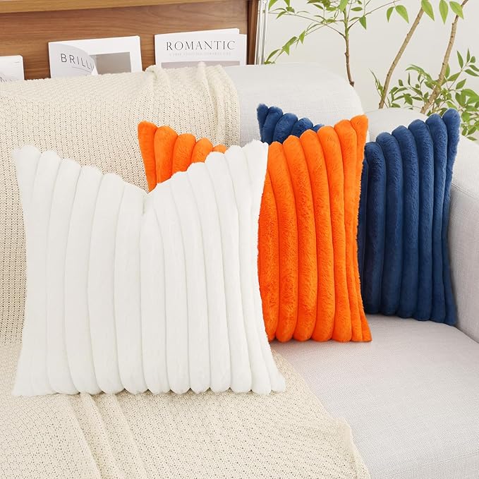 decorUhome Faux Fur Christmas Throw Pillow Covers 20x20 Set of 2, Decorative Soft Plush Striped Neutral Couch Euro Pillow Covers with Velvet Back for Sofa, Bed, Living Room Home Decor, White