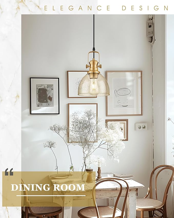 2-Pack Pendant Lights Kitchen Island, 7.5" Farmhouse Pendant Lighting with Amber Seeded Glass Shade, Hanging Light Fixtures for Dining Room, Brushed Gold, AD-22151-1P2-GD-OR