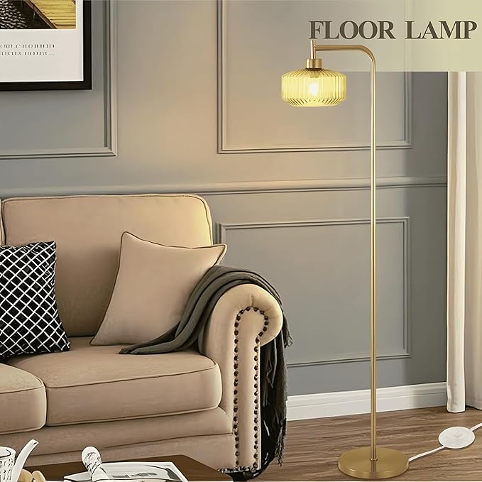 NanFeng Green Floor Lamp for Living Room,Mid Century Modern Standing Lamp Brass with Ribbed Green Globe Glass Lampshade Pedal Switch,Gold Tall Floor Lamps Vintage for Bedroom Study Room Art Deco Retro