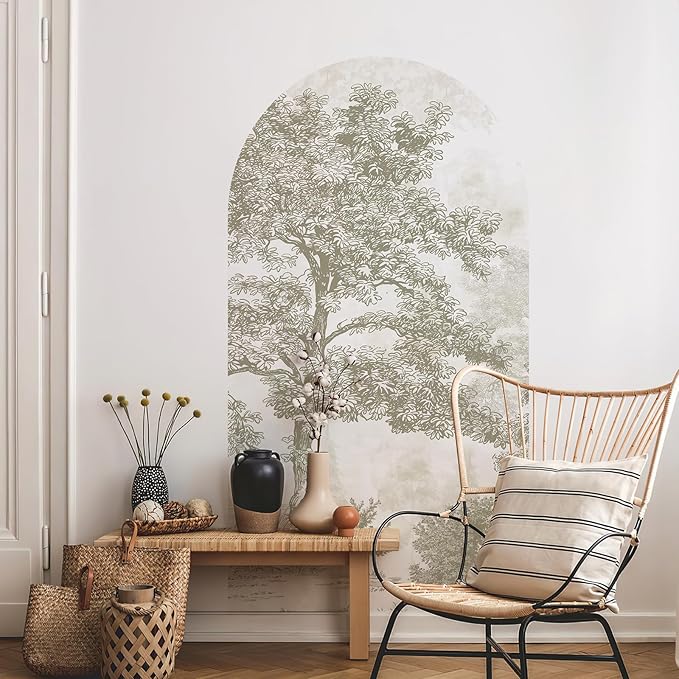 Zeeko Vintage Forest Arch Wall Mural Peel and Stick 31" W x 59" H Beige Tree Wallpaper Self-Adhesive Archway Wall Decals for Bedroom