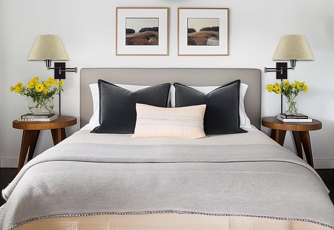 Kira Home Cambridge 15" Swing Arm Wall Lamp - Plug in/Wall Mount + Latte Mocha Fabric Shade, 150W 3-Way + Cord Covers, Black Finish