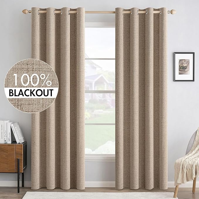 MIULEE 100% Blackout Linen Textured Curtains for Bedroom Solid Thermal Insulated Copper Brown Grommet Room Darkening Curtains & Drapes Luxury Decor for Living Room Nursery 52 x 90 Inch (2 Panels)