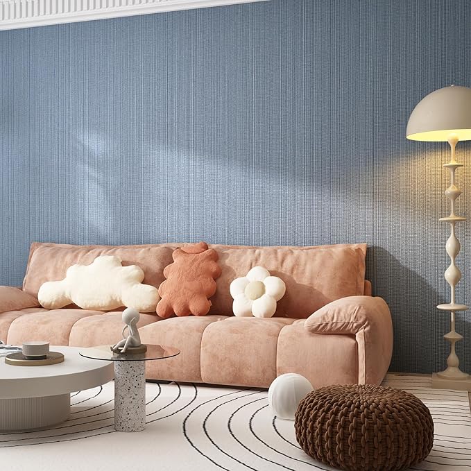 Blue Grey Faux Grasscloth Wallpaper Peel and Stick Linen Textured 24"x394" Upgraded Thick Self-Adhesive Waterproof Neutral Decorative Contact Paper Vinyl Film Roll for Wall Bedroom Kitchen