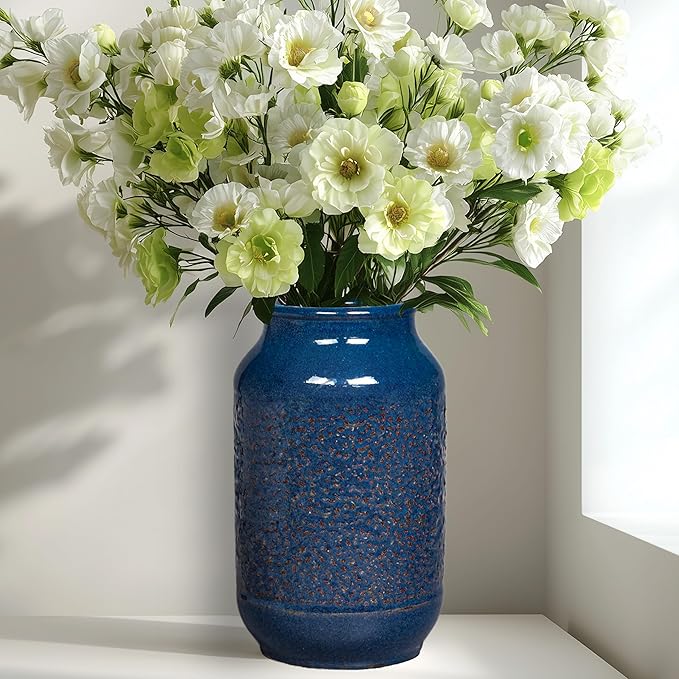 Blue Ceramic Vase for Home Decor, 9 Inch Modern Farmhouse Vase, Decorative Vases for Pampas Grass, Fireplace, Living Room, Bathroom, Tabletop, Kitchen, Office, Farmhouse Decor