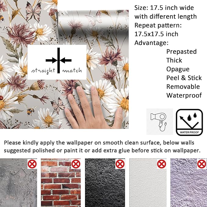 Livelynine 17.5x276" Wildflowers Floral Peel and Stick Wallpaper Vintage Fall Farmhouse Boho Wall Paper Nursery Girls Decorative Contact Paper for Furniture Desk Shelves Butterfly Cabinet Vinyl Wrap