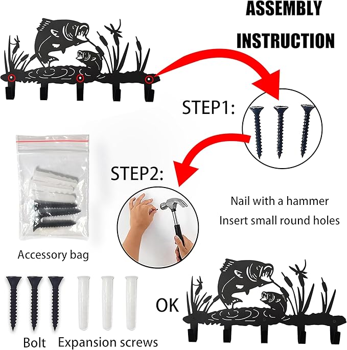 Metal Fish Coat Hooks Wall Art Decor-Fish Hangers and Key Holder-Clothes Rack and Backpack Hanger-Animal Theme Hooks Sweet Home Decor for Storage, Living Room, Hallway, Office (Black)