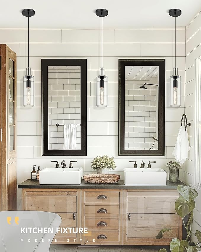 AUTELO 2 Pack Pendant Lights Kitchen Island, Modern Pendant Lights in Black Metal Finish, Black Pendant Light Fixtures, Cylinder Glass Hanging Lamp, Kitchen Pendant Lighting over Island, H3875 BK-M-2P