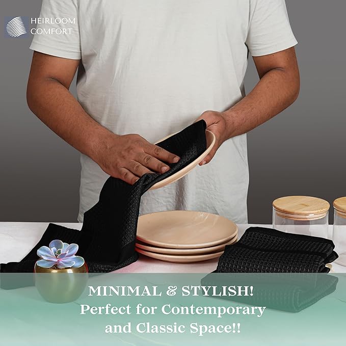 12 Pack Black Waffle Weave Kitchen Towels, 16x26 Inch, 100% Cotton Dishcloth Set, Super Absorbent, Fast Dry, Teal Towels, Soft Hand Towel, Dish Rags, Wash Cloth, Cleaning, Durable