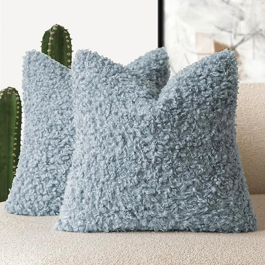Foindtower 2 Pieces 20x20 Inch Misty Blue,Faux Fur Throw Pillow Cover Accent Sherpa Furry Pillow Covers Fuzzy Soft Pillowcases Cozy Sheepskin Decorative Fleece Cushion Case for Bed Couch Living Room