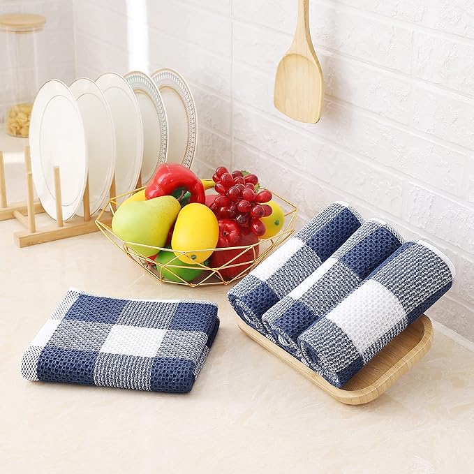 Homaxy 100% Cotton Waffle Weave Check Plaid Kitchen Towels, 13 x 28 Inches, Super Soft and Absorbent Dish Towels for Drying Dishes, 4-Pack, White & Navy Blue