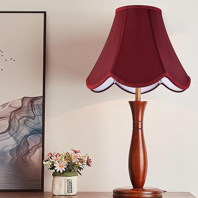 GO&SO Set of 2 Burgundy Bell Lamp Shades Scalloped Lamp Shade Petal Edge Braid 6"Top x 13"Bottom x 10.6"High (Spider) Silk Fabric Lampshades for Floor Lamp,Handmade DIY Table Lamp Shade Replacement
