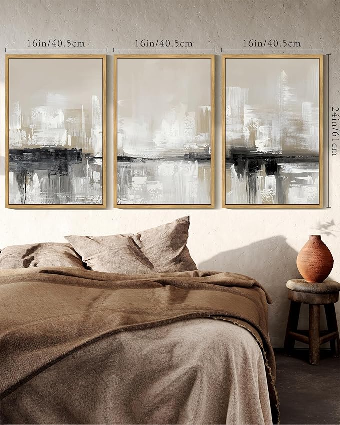 KUVIOKE Abstract Gray Framed Wall Art Neutral Brown Artwork Painting Morden Minimalist Wall Decor Rustic Home Decor 16x24in (Natural Framed)