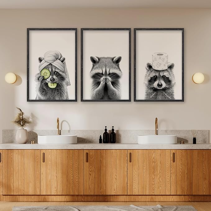 Adorable Raccoon Bathroom Wall Art Decor Set of 3 16x11 Inch Modern Funny Bathroom Sign Wood Framed Rustic Farmhouse Interestring Washroom Animal Prints Wall Hanging (Black)