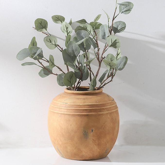 Large Ceramic Vase, 8.66 inch Tall Round Rustic Vase, Pottery Farmhouse Flower Vases for Home Decor, Living Room Shelf Decor, Enterway, Table