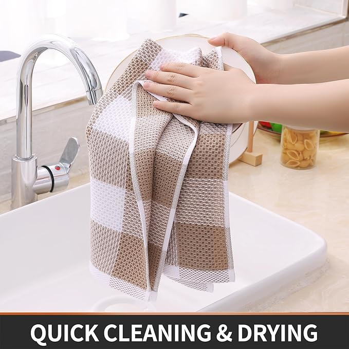Homaxy 100% Cotton Waffle Weave Check Plaid Kitchen Towels, 13 x 28 Inches, Super Soft and Absorbent Dish Towels for Drying Dishes, 4-Pack, White & Khaki