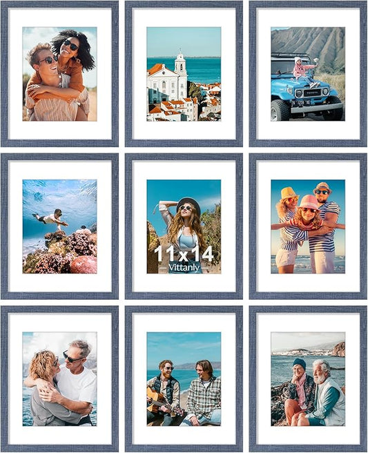 Vittanly 11x14 Picture Frames Set of 9, Shatter Resistant Plexiglass, Display 8x10 Pictures with Mat or 11x14 without Mat, Photo Frames for Wall or Tabletop, Engineered Wood, Navy