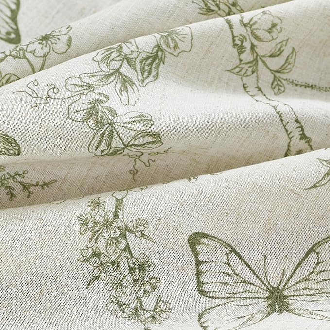 Lazzzy Linen Green Floral Curtains 96 Inch Length Farmhouse Curtain Back Tab Drapes for Living Room Bedroom Light Filtering Vintage Rod Pocket Curtains, 2 Panels, Green on Beige