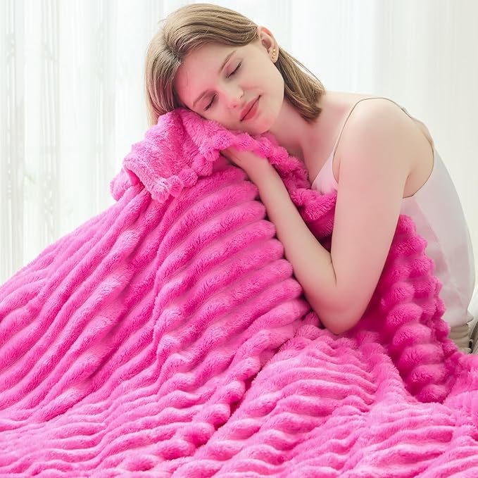NEWCOSPLAY Super Soft Throw Blanket Hot Pink Premium Silky Flannel Fleece 3D Ribbed Jacquard Lightweight Bed Blanket All Season Use (Hot Pink Ribbed, Throw(50"x60"))
