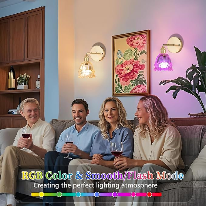 Vintage Battery Operated Wall Sconce with Flower lampshade,Rechargeable Battery Powered Wall Lights,Wall lamp with 15 Colors for Bedroom Living Room Home Decor (Lily Amber, 1 Light Battery Operated)