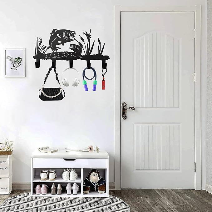 Metal Fish Coat Hooks Wall Art Decor-Fish Hangers and Key Holder-Clothes Rack and Backpack Hanger-Animal Theme Hooks Sweet Home Decor for Storage, Living Room, Hallway, Office (Black)