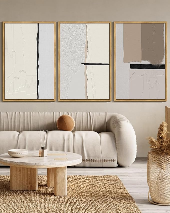 KUVIOKE Neutral Abstract Framed Wall Art Beige Mid Century Textured Wall Decor Minimalist Modern Illustrations Art Print Home Decor 24x36in (Natural Framed)