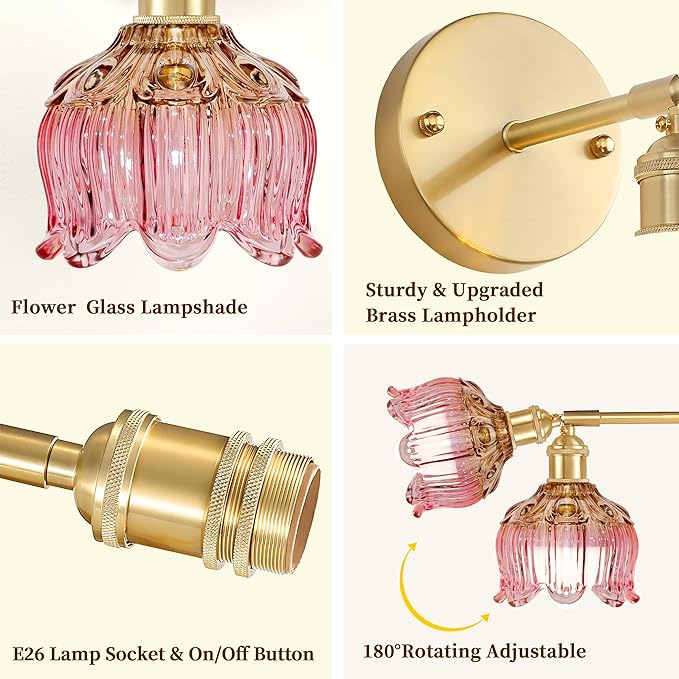 Battery Operated Wall Sconce with Remote Control,Vintage Wall Sconce with Flower lampshade and Timer,Rechargeable Battery Wall lamp Wall Lights with 15 Colors for Bedroom Living Room Doorway,Pink