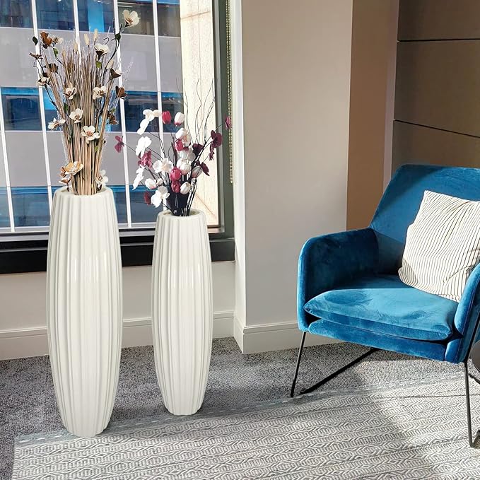 White Tall Floor Vase, 24" Ceramic Large Vase, Decorative Flower Vases for Modern Home Decor Living Room Office Bedroom Kitchen Wedding Centerpieces Farmhouse Décor