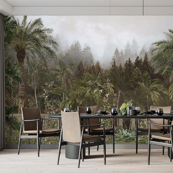 Zeeko Foggy Forest Woodland Wallpaper Mural Peel and Stick 148" W x 98" H Tropical Green Nature Landscapes Wall Murals for Bedroom Living Room