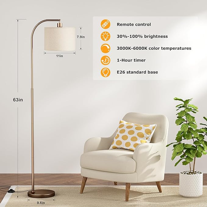 Arc Floor Lamp with Remote and Stepless Dimmable Bulb, Colors Temperature & Brightness Adjustable, Floor Lamps for Living Room（Deep Beige Shade & Brown Pole）