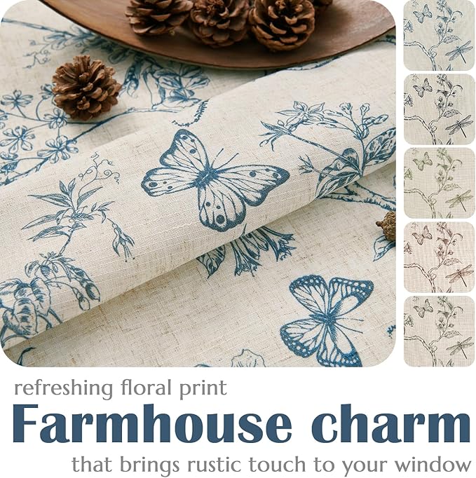 Lazzzy Farmhouse Lined Linen Blue Floral Curtains 96 Inch Long Back Tab Drapes for Living Room Bedroom Light Filtering Country Vintage Rod Pocket, 2 Panels, Blue on Beige