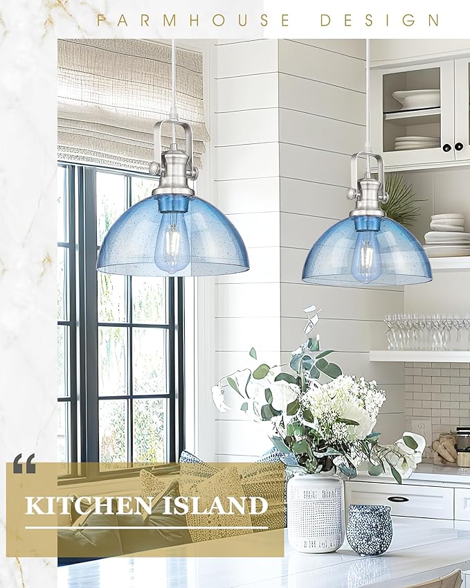 Pendant Lights Kitchen Island, 10.5" Farmhouse Pendant Lighting with Blue Seeded Glass Shade, Vintage Hanging Light Fixtures for Dining Room, Brushed Nickel, AD-22151-1PL-SN-BL
