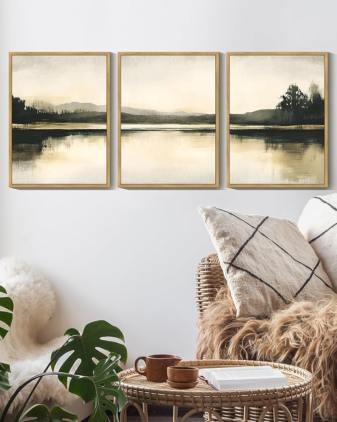 KUVIOKE Watercolor Abstract Mountain Lake Framed Wall Art Brown Landscape Nature Wilderness Painting Nordic Neutral Tan Illustration Decorative Home Decor 12x16in (Natural Framed)