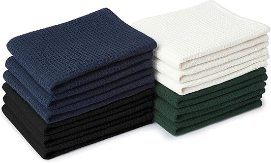 Encasa XO Kitchen Dish Towels Set | Multicolor 4 | Waffle Weave and Flat Hand Tea Towel | 28"x18" | Quick Drying Reusable Cotton Washcloths | Multipurpose Lightweight Dishcloths Set of 12