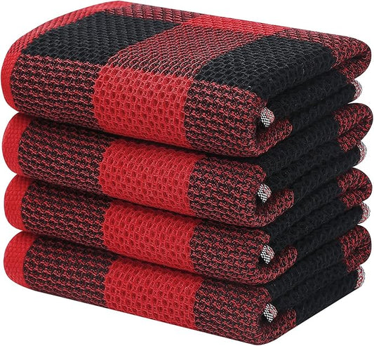 Homaxy 100% Cotton Waffle Weave Check Plaid Kitchen Towels, 13 x 28 Inches, Super Soft and Absorbent Dish Towels for Drying Dishes, 4-Pack, Black & Red