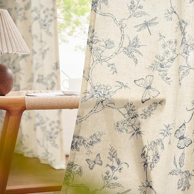 Lazzzy Farmhouse Linen Curtains Blue Floral Curtains 108 Inch Length Back Tab Drapes for Living Room Bedroom Light Filtering Country Vintage Rod Pocket Curtain, 2 Panels, Blue on Beige