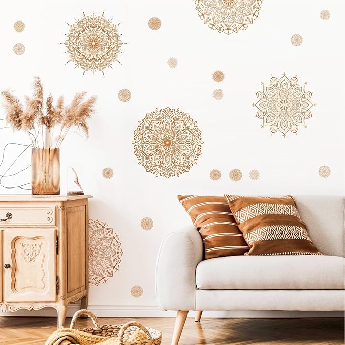 Kazova's Brown Mandala Wall Decals Lotus Flower Yoga & Heart Chakra Stickers Boho Lotus Decor & Headboard Sticker Removable Wall Art Sticker for Bedroom Living Room Decor