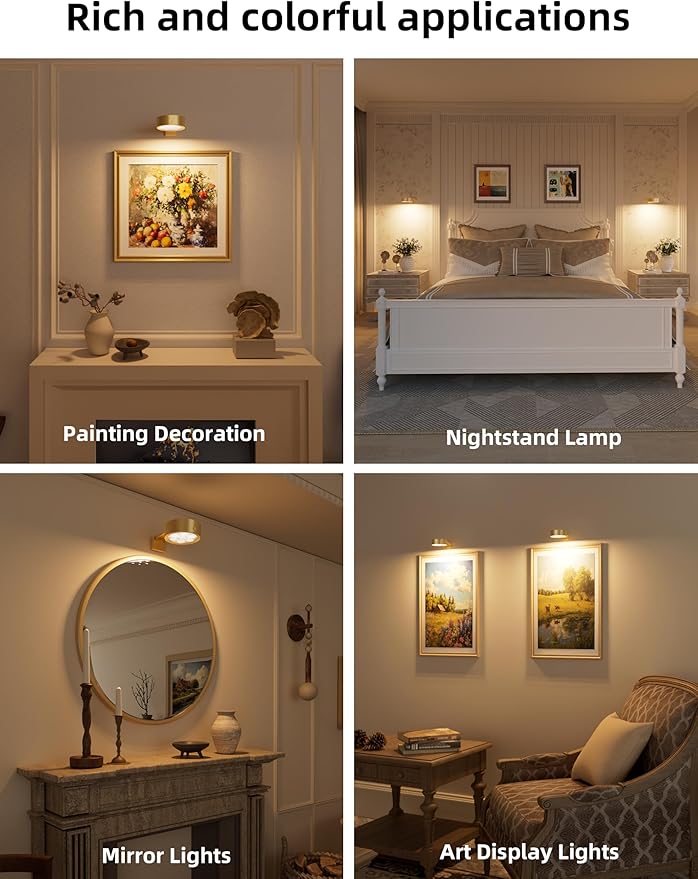 VOLISUN Picture Lights for Wall, 4000mAh Rechargeable Picture Light Battery Operated, 3 Color Temperatures Cordless Picture Light with Remote, Art Light for Painting, Gallery, Portrait, 3 Pack (Gold)