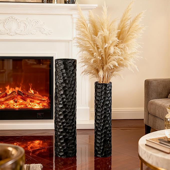 Tall Matte Black Floor Vase Set of 2, 27.6" & 21.7" H Extra Large Cylindrical Metal Standing Vase, Modern Big Floor Vases with Hammered Texture & Weighted Base for Living Room Bedroom Corner Decor