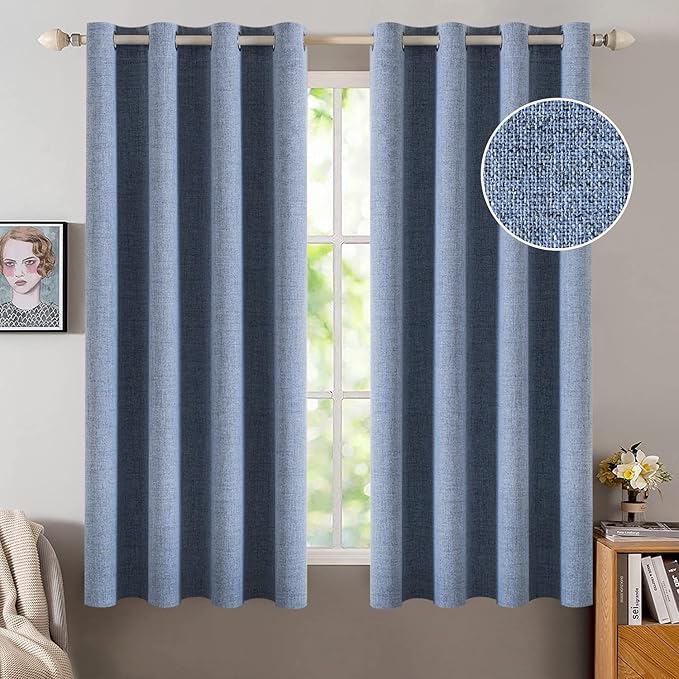 MIULEE Linen Texture Curtains for Bedroom Solid 100% Blackout Thermal Insulated Stone Blue Curtains Grommet Room Darkening Curtains/Drapes for Living Room Nursery 52x63 Inch (2 Panels)