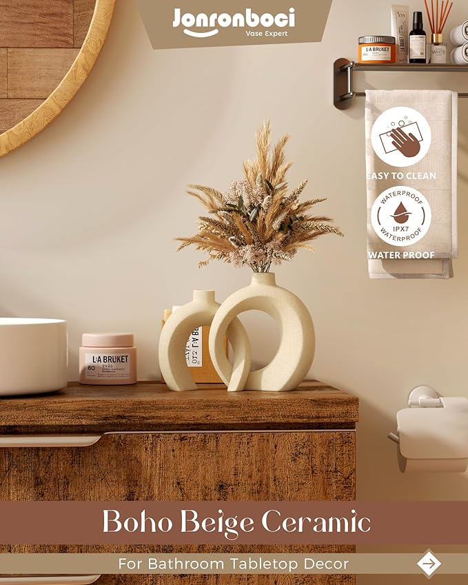 Embrace Donut Vase for Decor, Set of 2 - Modern Design, Boho Style, Beige Natural Ceramic, Decorative Vases for Flower - Home Decor Aesthetic — 7.2" X 8.9" H (Matte Cream White)