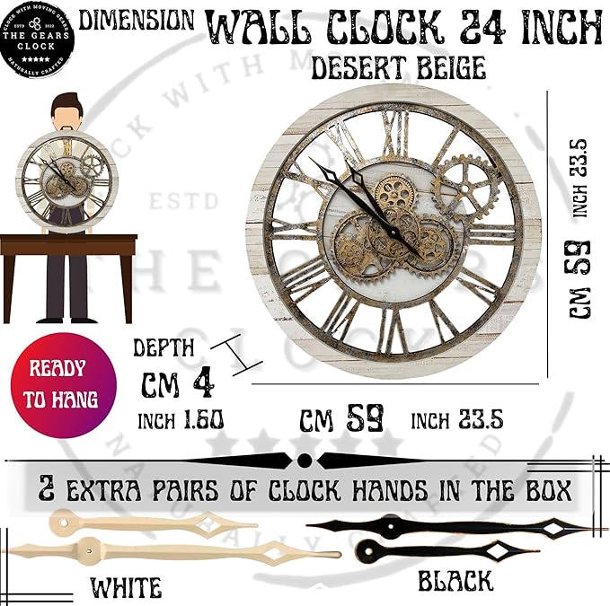 ImprovingLife The Gears Clock The Original Real Moving Gear Wall Clock Vintage Industrial Oversized Rustic Farmhouse (24 inch (60cm), Vintage Desert Beige and Bronze)