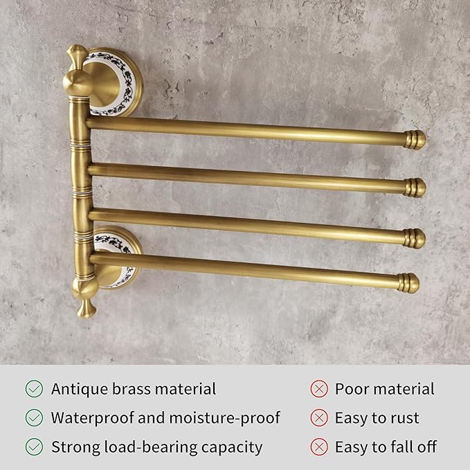 Swivel Towel Rack for Bathroom, Antique Bronze Folding 4 Arms Hand Towel Bars Towel Hanger for Laundry, Wall Mount Storage Space Saving,Porcelain Design