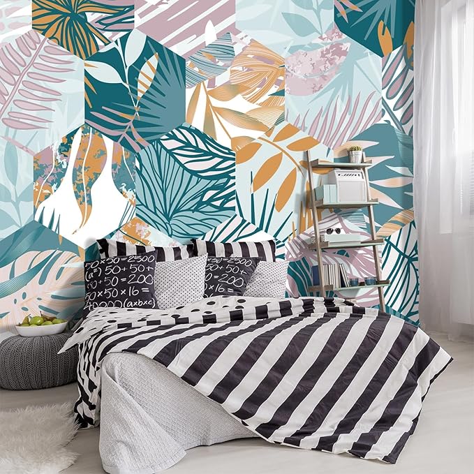 -Abstract Geometry Botanical Banana Leaf Fabric Wallpaper Living Room Bedroom Bathroom Tropical Plant Leaf Large Wall Mural- 183"x120"（ not Peel and Stick）