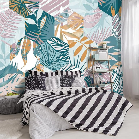 -Abstract Geometry Botanical Banana Leaf Fabric Wallpaper Living Room Bedroom Bathroom Tropical Plant Leaf Wall Mural- 91"x65"（ not Peel and Stick）