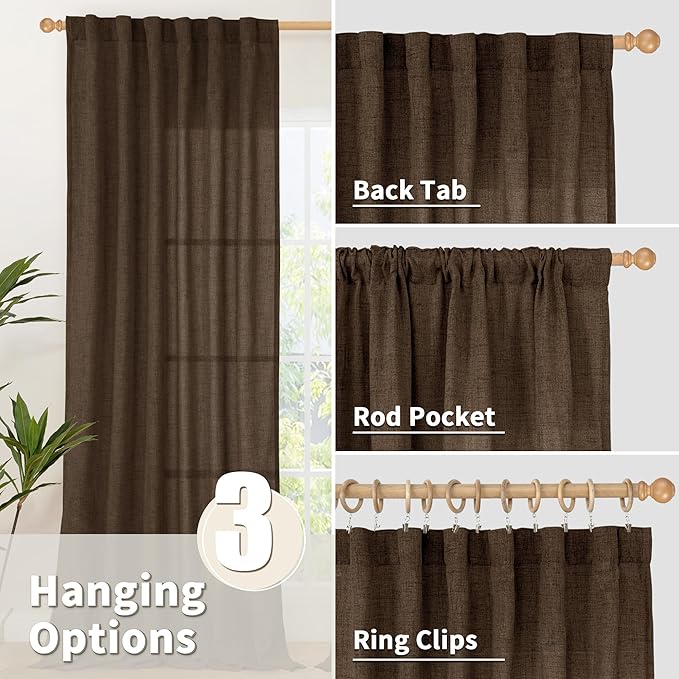 YoungsTex Brown Linen Curtains 45 Inches Long for Short Window, Back Tab Rod Pocket Chocolate Drapes Light Filtering for Kitchen Bathroom Cafe Decorative, 2 Panels, 42 X 45 Inch