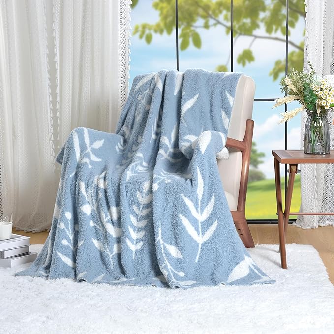 Leaf Pattern Throw Blanket Soft Cozy Spring Blanket for Bed, Couch, Sofa Lightweight Breathable Stylish Seasonal Home Decor Blanket Dusty Blue 50x60 Inches