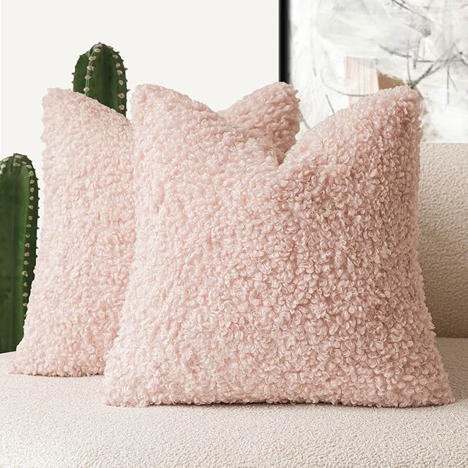 Foindtower 2 Pieces 22x22 Inch Light Pink, Faux Fur Throw Pillow Cover Accent Sherpa Furry Pillow Covers Fuzzy Soft Pillowcases Cozy Sheepskin Decorative Fleece Cushion Case for Bed Couch Living Room