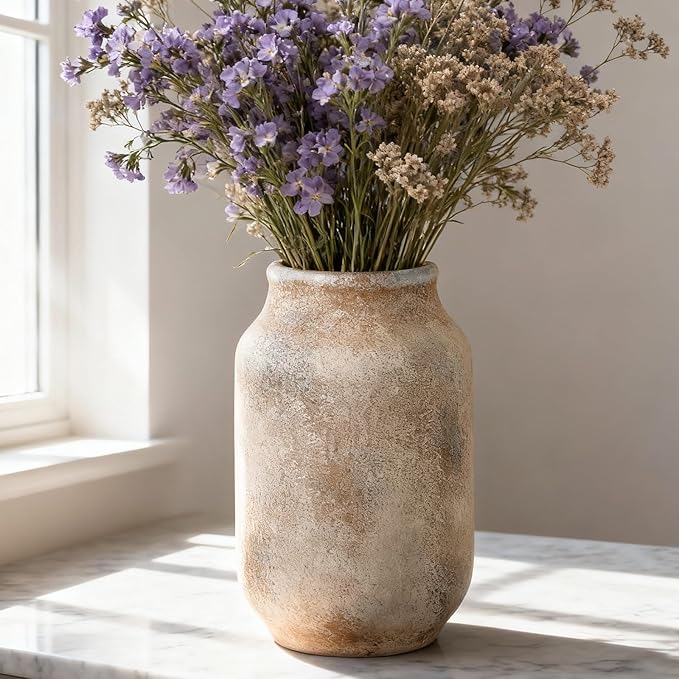Rustic Ceramic Farmhouse Flower Large Vase, Whitewashed Terra Cotta Vase, Pottery Decorative Flower for Home Decor, Table, Living Room Decoration, Shelf Decor, Mantel, 9.5 Inch, Terra